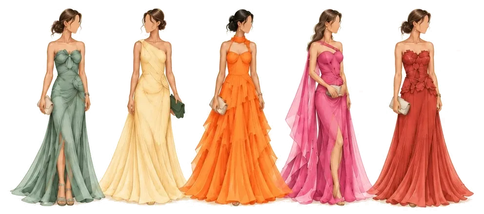 Cinco vestidos largos: verde, amarillo, naranja, rosa y rojo