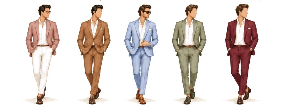 Cinco trajes de lino: rosa, canela, celeste, oliva y vino